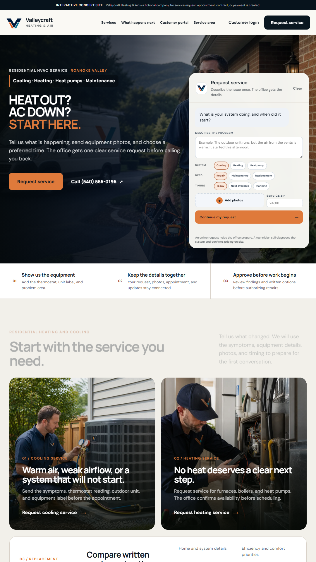 Valleycraft HVAC customer intake and pre-estimate demonstration