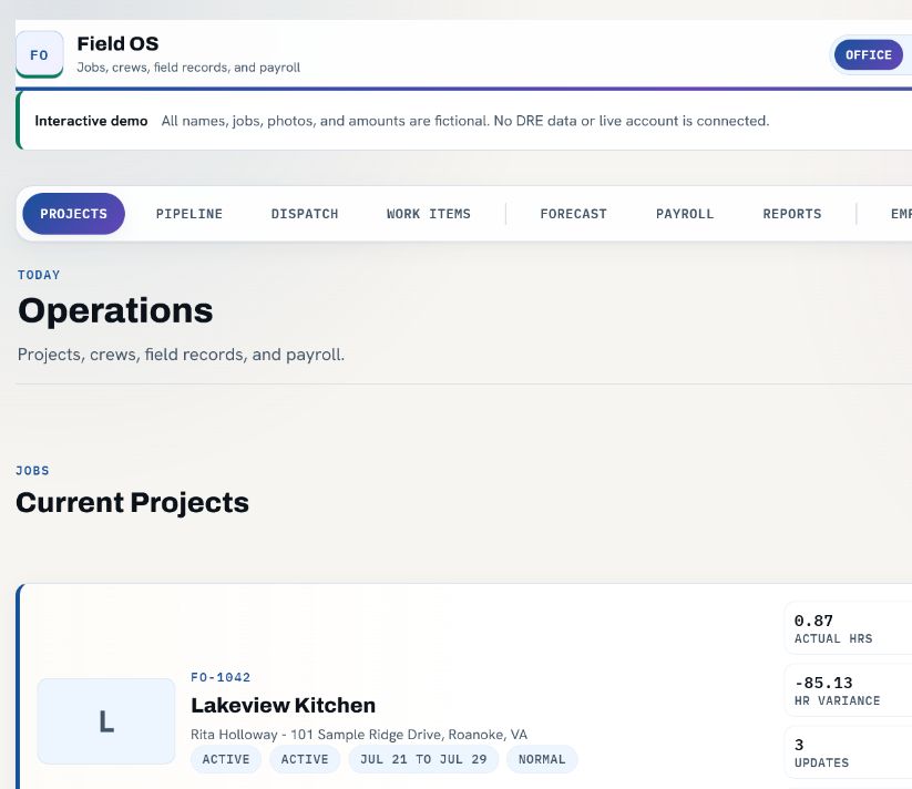 Field OS operations workspace showing current projects