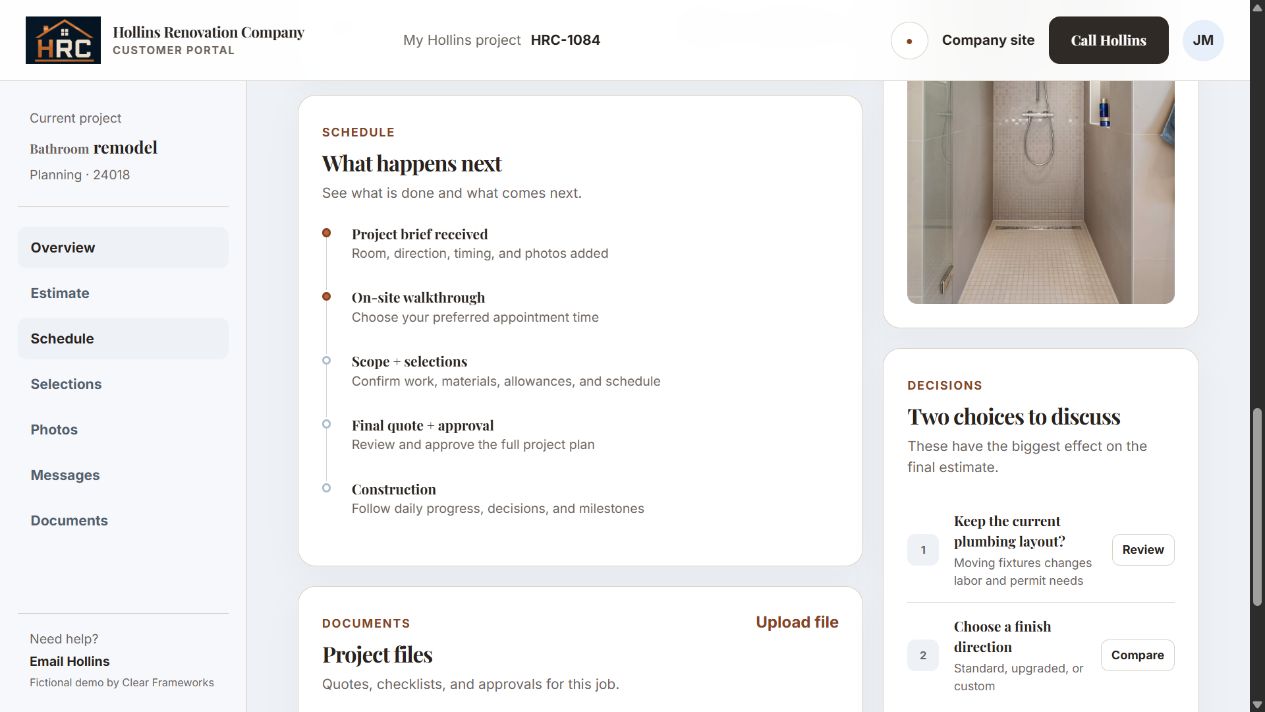 Browser screenshot of the Hollins customer schedule demo