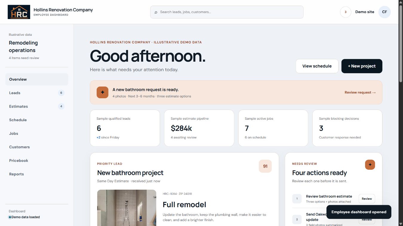 Hollins Renovation business dashboard