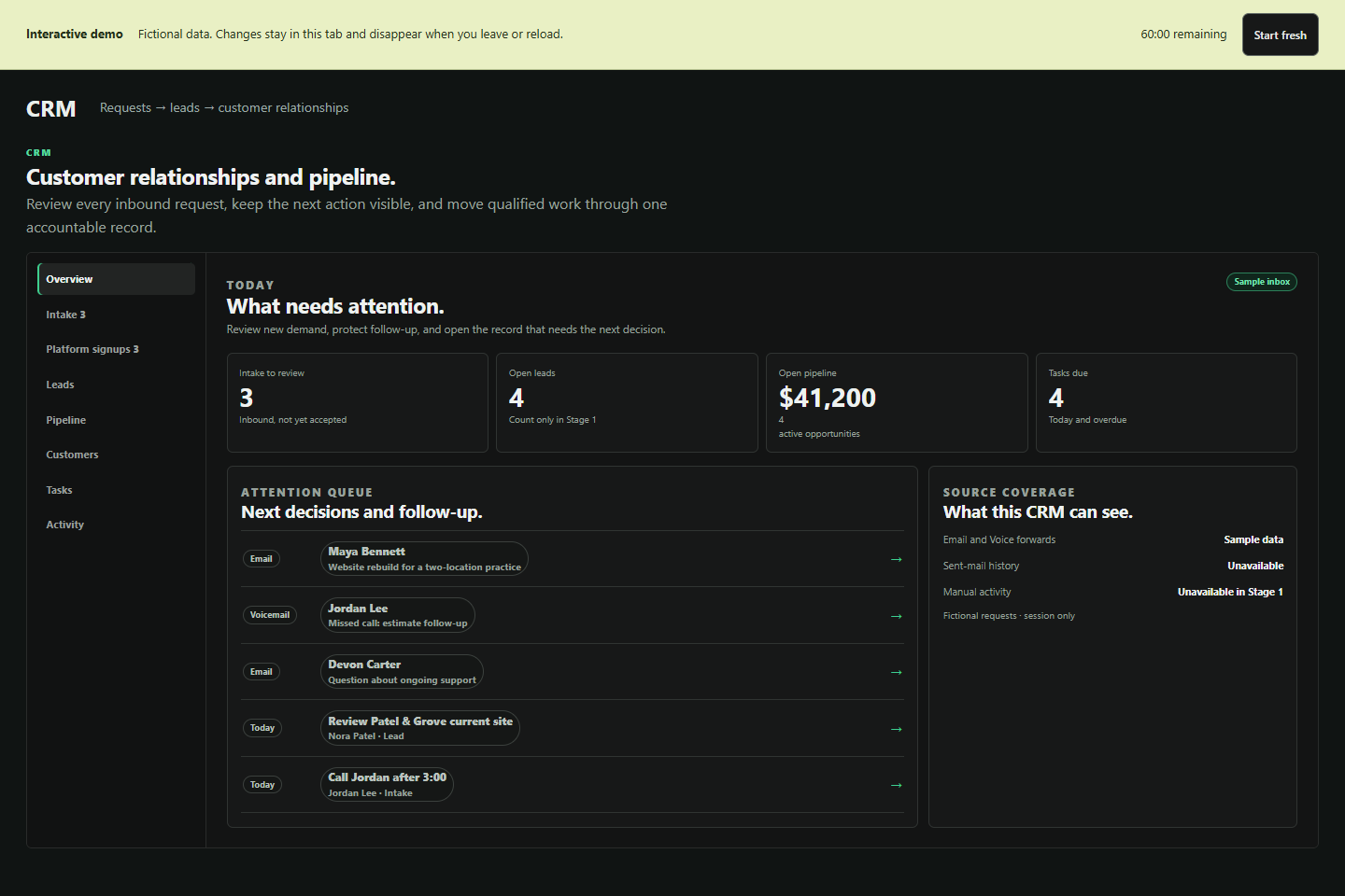 CRM intake and follow-up view
