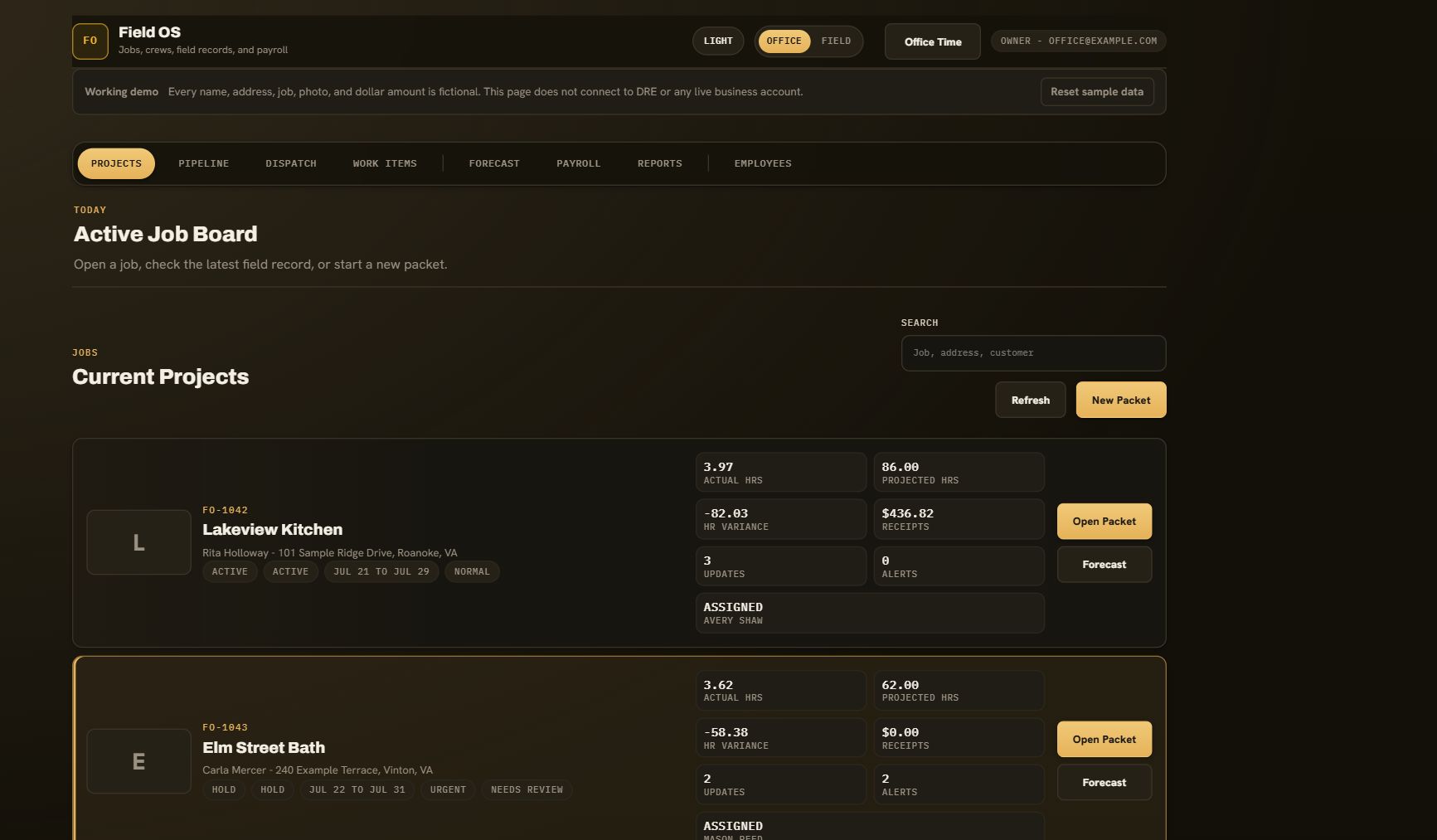 Field operations dashboard for scheduling crews and active work