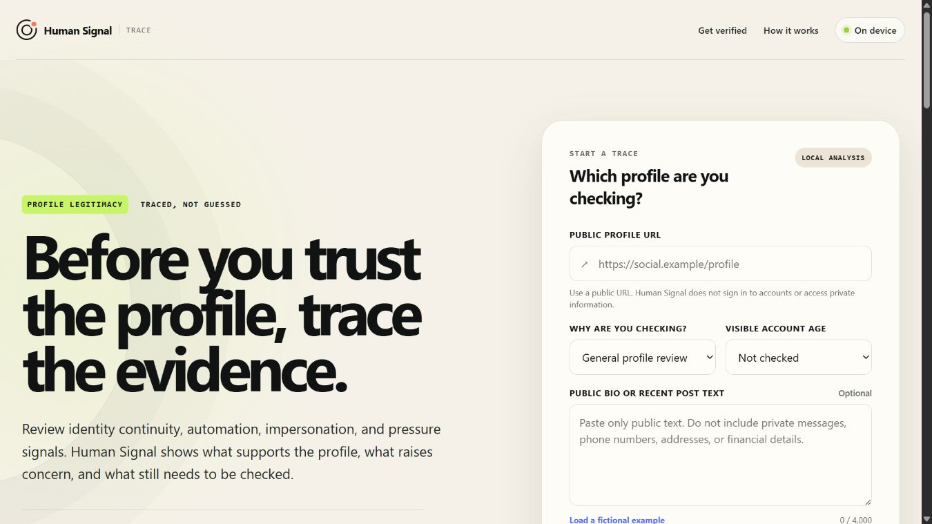 Human Signal profile legitimacy application homepage