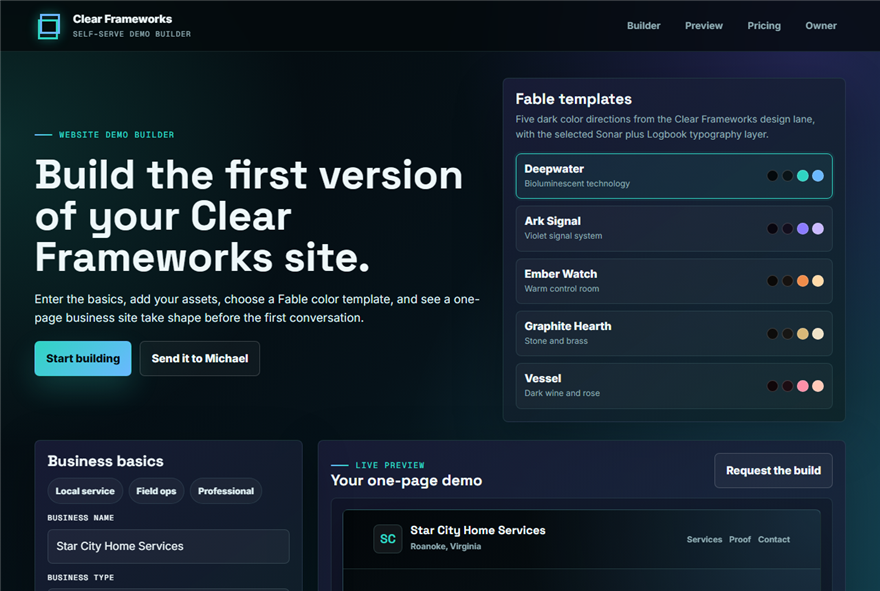 Clear Frameworks Demo Builder hero