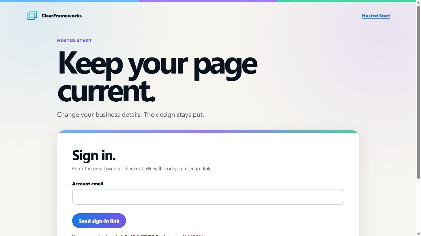 Clear Frameworks managed website update view